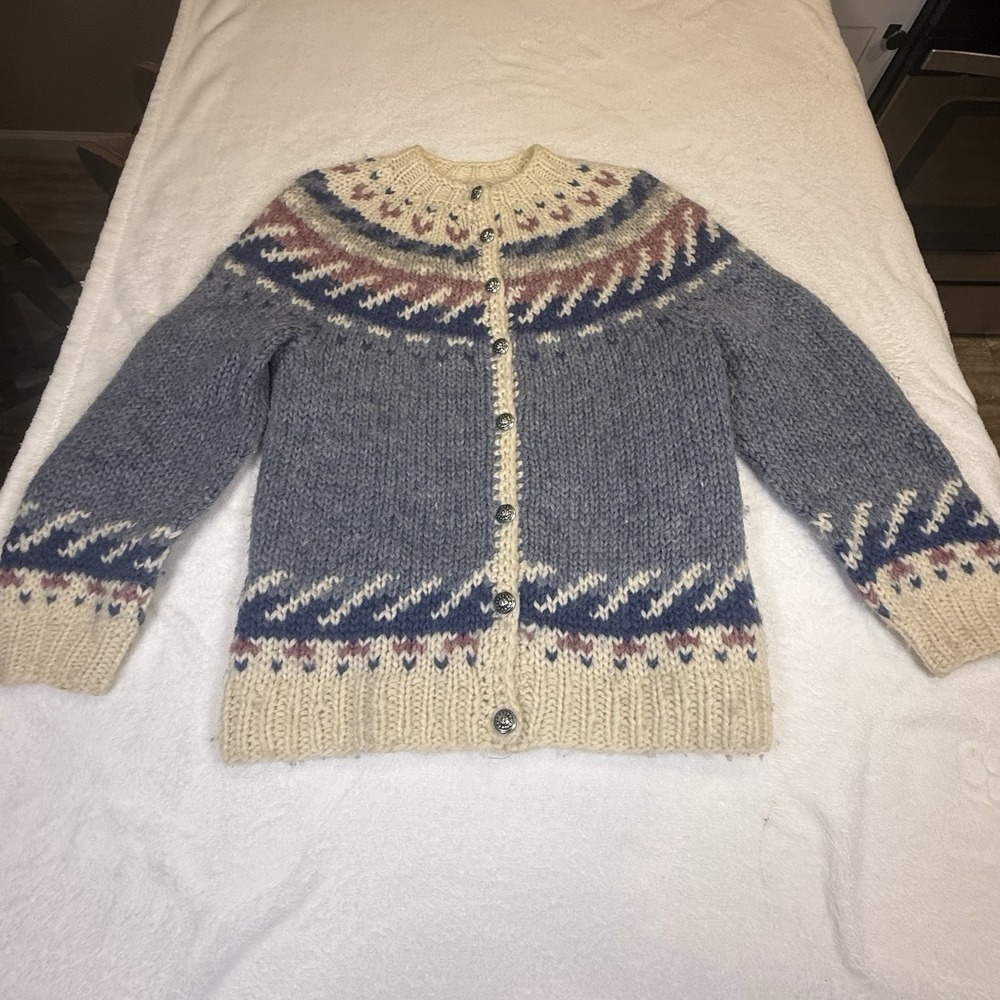 Hilda Ltd Wool Fair Isle Cardigan Sweater Crew Neck Button Womens Small Vintage